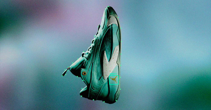 Side view of Luka Doncic's green and white Jordan Brand shoes.